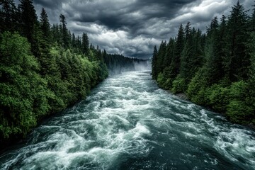 Raging river bordered by dense forest, with storm clouds and rain adding drama to the roaring current.