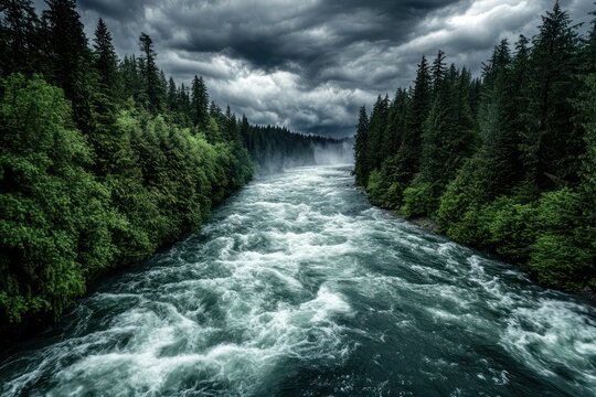 Raging river bordered by dense forest, with storm clouds and rain adding drama to the roaring current. - Powered by Adobe