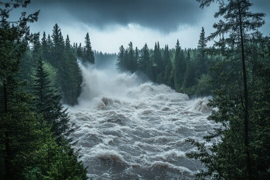 Raging river bursting over its banks, trees swaying as rain and wind whip through the intense storm.