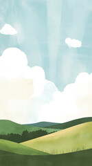 Serene Rolling Green Hills with Fluffy White Clouds and Golden Sun Rays for Peaceful Nature-Themed Decor
