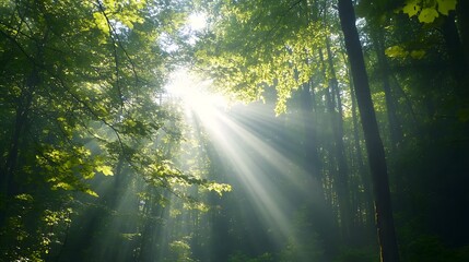 Sunbeams breaking through the fresh green treetops