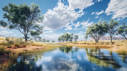 Serene landscape with a river, trees, and clouds reflecting in the water.