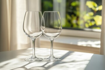 Lonely Glass Reflection on a Bright Desk by the Window, Casting Shadows in a Lively Atmosphere