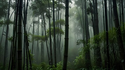Rain-drenched bamboo forest with vibrant green hues and a misty atmosphere