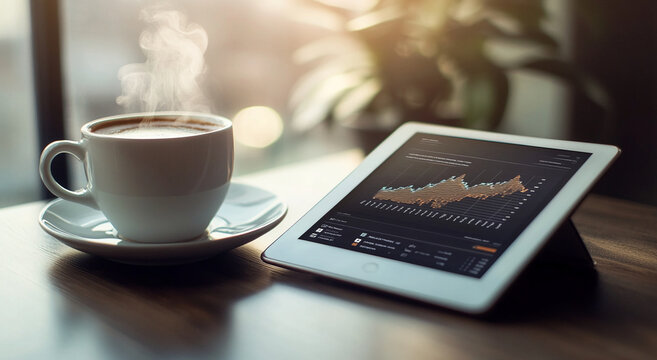 Warm cup of coffee beside tablet displaying rising stock market trends in a cozy cafe setting