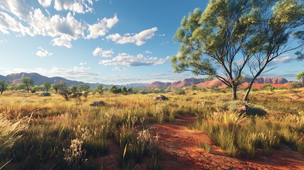 Obraz premium A serene landscape featuring grasslands, trees, and distant mountains under a clear blue sky.