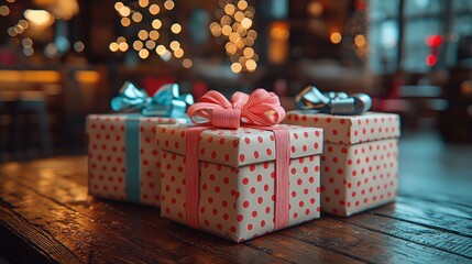 Festive gift boxes adorned with vibrant ribbons are arranged on a rustic wooden table, radiating joy and generosity for the needy in a warm, inviting atmosphere