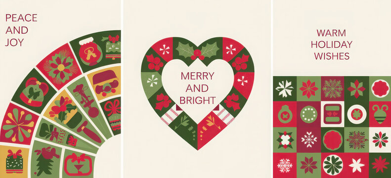 Merry Christmas cards in modern minimalist geometric style. Merry Christmas colorful illustration in flat cartoon style. Xmas backgrounds with geometrical patterns, stars - Powered by Adobe