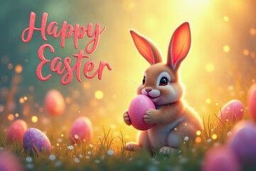 A cheerful bunny holding a pink Easter egg sits in a grassy field surrounded by colorful eggs and sparkling lights, with Happy Easter written in festive red letters.