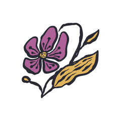 Black outline minimal abstract inky purple flower. Sketchy textured loose floral doodle. Hand drawn retro botanical abstraction