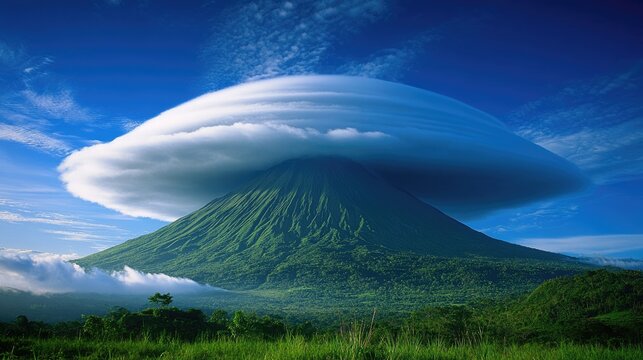 Arenal Volcano in La Fortuna, Costa Rica: A Stunning Dormant Mountain Surrounded by Colorful Greenery under a Blue Sky and Wispy Clouds