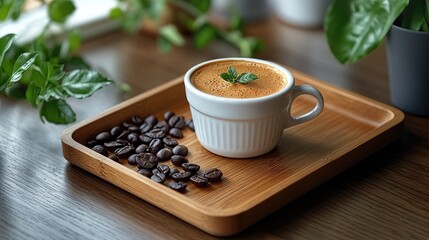 A cup of coffee on a wooden tray with coffee beans and greenery in the background.
