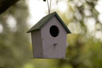 Casa nido de pajaros morada con techo verde.