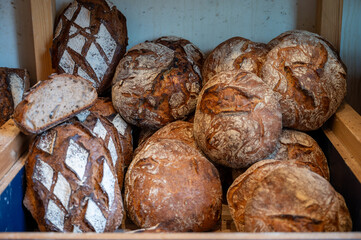 French artisan bakery in Bordeaux, rye and wheat bread and baguettes, France, french food