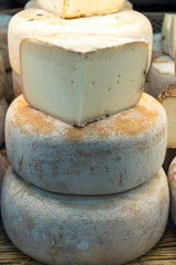 Farmer shop in Biarritz, France, Basque Country and Pyrenees sheep, cow and goat cheeses for sale, Tomme, Fermier Brebis, farmers cheese