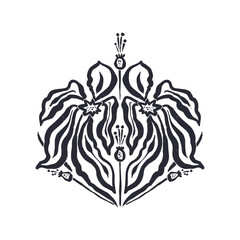 Black and white minimal abstract inky line art flower. Monochrome sketchy textured loose floral symmetric composition. Hand drawn botanical abstraction