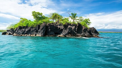Small island with volcanic rock formations, surrounded by bright blue water and tropical vegetation.