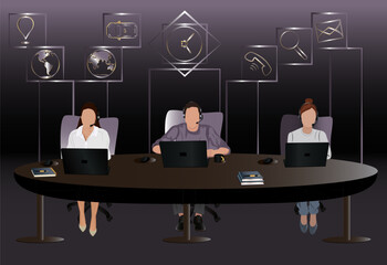 men in a office, working in call center, , logistics, fast express, laptop, computer, businessman vector,book and copybook in a table, coffee, mouse, headphone, letter, phone, search, clock, pen,gps