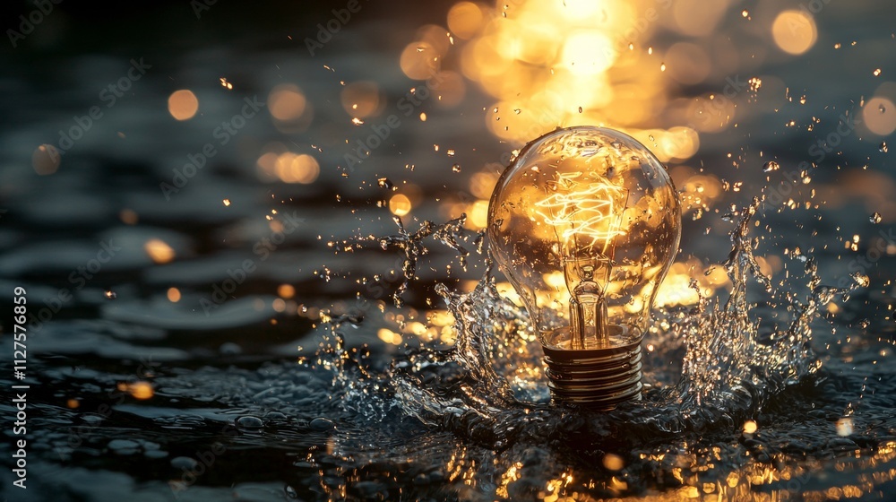 Poster illuminated light bulb splashing in water with bokeh effect