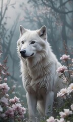 Obraz premium Ghostly white wolf blending into the misty background of flowers and smoke, hidden, surreal, mysterious, nature, eerie