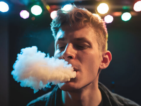 Hombre fumador expulsando vapor por la boca