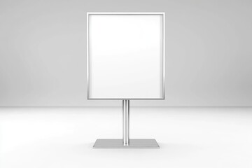 Vertical Metal Pedestal Sign Stand for Indoor Displays. Blank 3D Design for Banners, Posters, and Menus in Lobby Settings