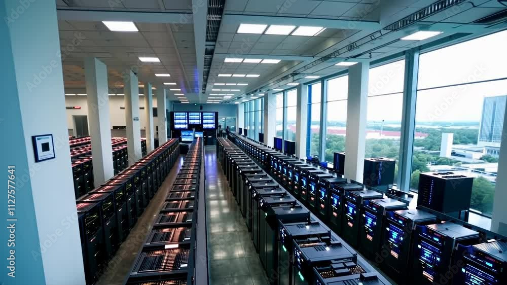 Poster this looks inside a state-of-the-art data center filled with rows of servers and advanced technology