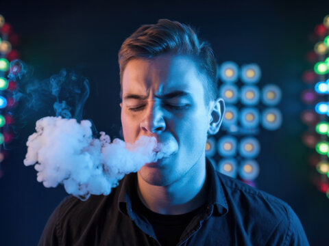 Hombre fumador expulsando humo por la boca