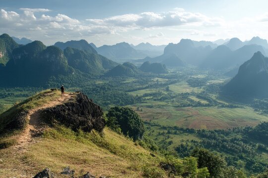 Sunbeam Serenity: Summit View of Phoufa Hills Illuminated by Rays in Phongsaly, Laos