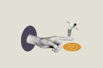 Composite image montage trend artwork 3D collage of huge hand showing finger point young guy stand...