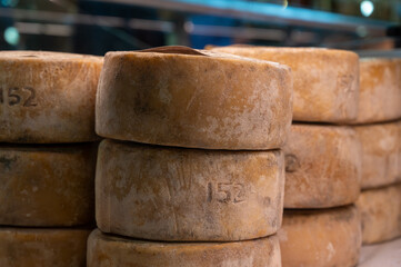 Farmer shop in Biarritz, France, Basque Country and Pyrenees sheep, cow and goat cheeses for sale,...