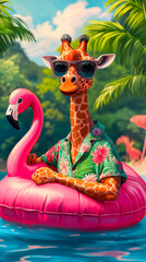 Obraz premium Vibrant Tropical Scene Featuring a Giraffe on a Flamingo Pool Float for Pool Party Invitations