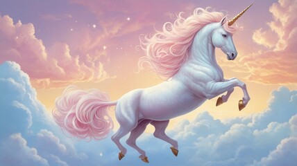 Fototapeta premium A magical white unicorn with a shimmering golden horn and flowing pastel mane, gracefully perched atop a fluffy pink cotton candy cloud floating in a clear blue sky.
