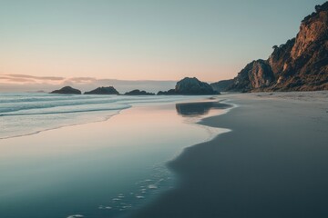 Obraz premium A beautiful beach with a calm ocean and a rocky shore