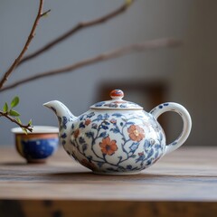 Ornate floral teapot, teacup, wooden table.