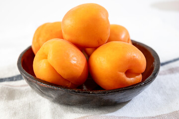 Bowl with red ripe sweet apricots fruits, harvest in Vaucluse, Provence, France