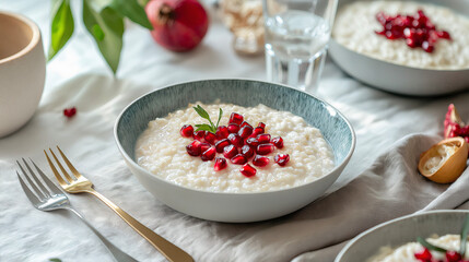 Riz au lait aux graines de grenade dans bol