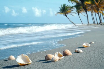 Tropical beach with seashells scattered on the sand, gentle waves, and tall palm trees swaying in the breeze.