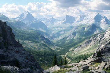 A breathtaking mountain landscape with lush greenery and dramatic peaks under a bright sky.