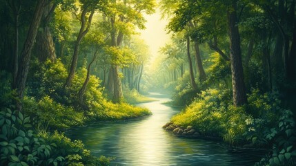 Obraz premium Serene forest stream, sunlight dappled, lush greenery.