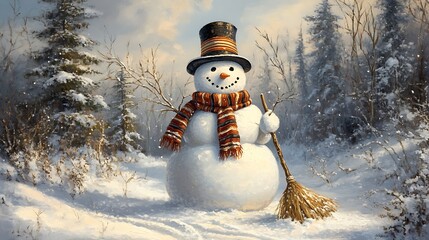 Obraz premium Adorable Snowman in a Glittering Snowfield