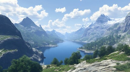 Fototapeta premium A serene landscape featuring mountains, a lake, and a clear blue sky.