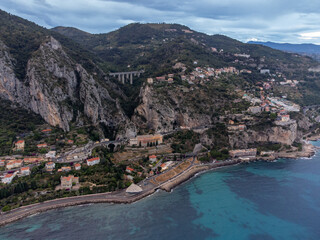 Aerial view on Italian Riviera and Mediterranean Sea from French-Italian border in Grimaldi...