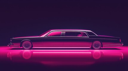 Elegant pink neon limousine on glossy surface with futuristic vibe, reflecting girlhood design aesthetic