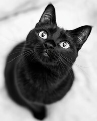 Elegant Black Feline Gazing at the Lens, Solo on a White Background