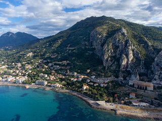 Aerial view on Italian Riviera and Mediterranean Sea from French-Italian border in Grimaldi village, Ventimiglia near San-Remo, travel destination, panoramic view from above