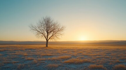 A cinematic wide-angle shot of a solitary tree standing in an expansive open field, surrounded by golden light reflecting off the frosty ground, under a serene and clear dawn sky