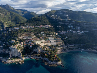 Aerial view on Italian Riviera and Mediterranean Sea from French-Italian border in Grimaldi...