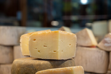Farmer shop in Biarritz, France, Basque Country and Pyrenees sheep, cow and goat cheeses for sale,...