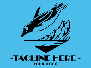 Black penguin diving into water near a large rock, suitable for marine life or naturethemed designs, emphasizing gracefulness in movement